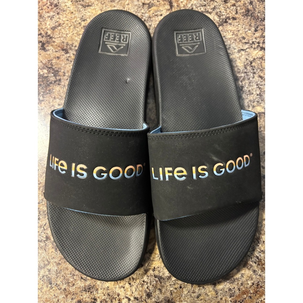 Reef Mens One Slide Sandals Black Life Is Good Logo Comfort Beach Shoes Size 11